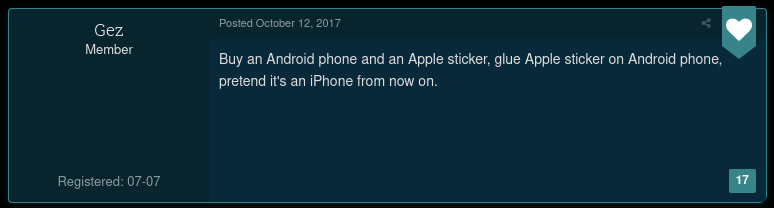 Gez says 'Buy an Android phone and an Apple sticker, glue Apple sticker on Android phone, pretend it's an iPhone from now on.'